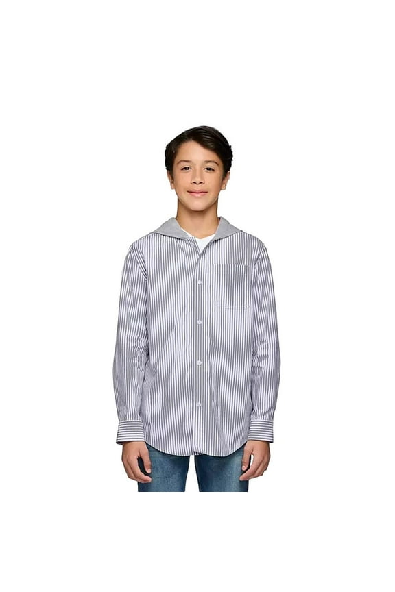 Boys Hooded Woven Shirt in Gray Stripe Size Medium 8