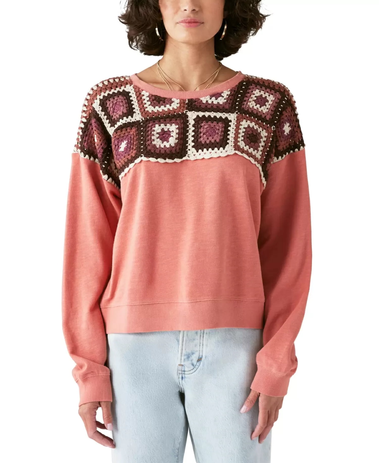 Lucky Brand Crochet Yoke Cotton Sweatshirt 
