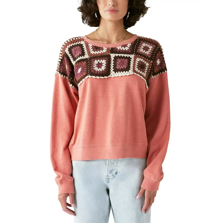 Lucky Brand Crochet Yoke Cotton Sweatshirt 