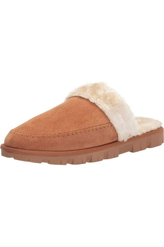 Domain Cognac Suede Fur Lined Slip On Round Toe Suede Casual Slipper (Cognac, 5)