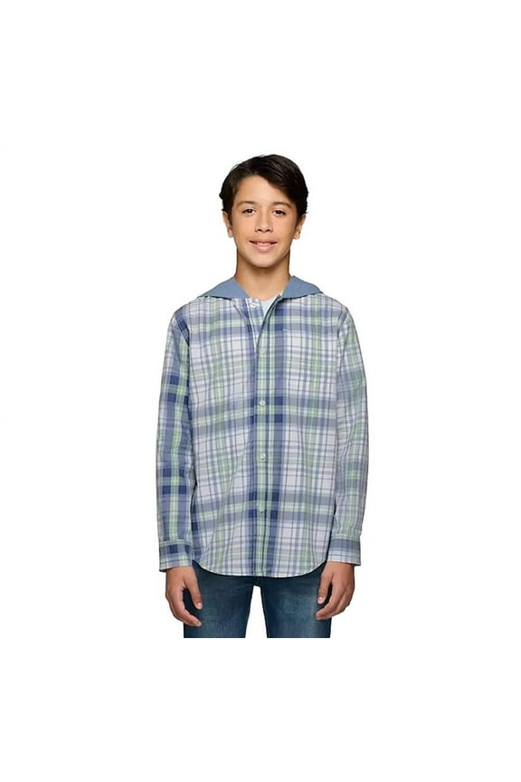 Hooded Woven Shirt in Green Plaid Size XS