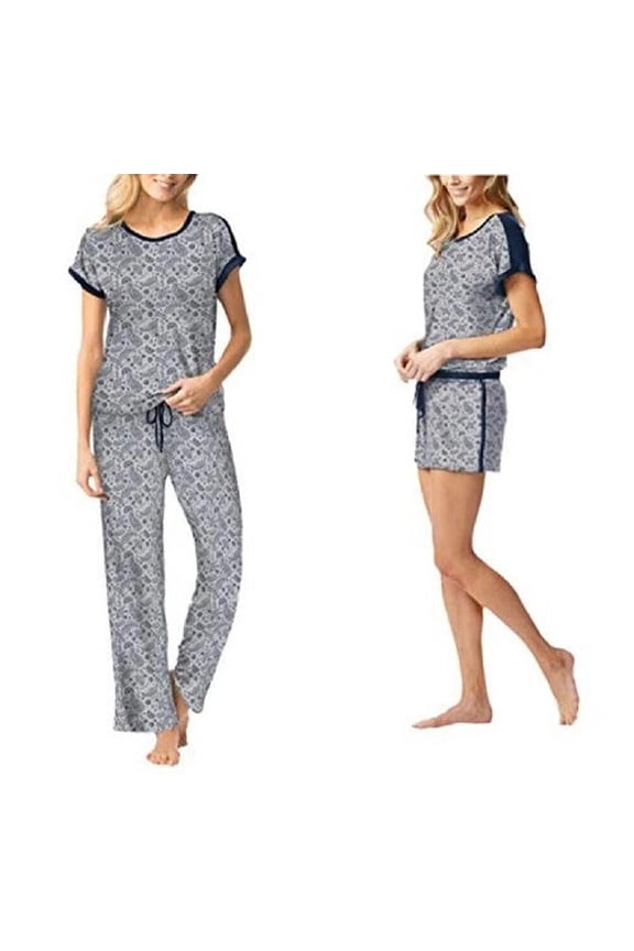 Ladies 3Pc Tee,Shorts & Pants PJ Set Gray Paisley, Size M