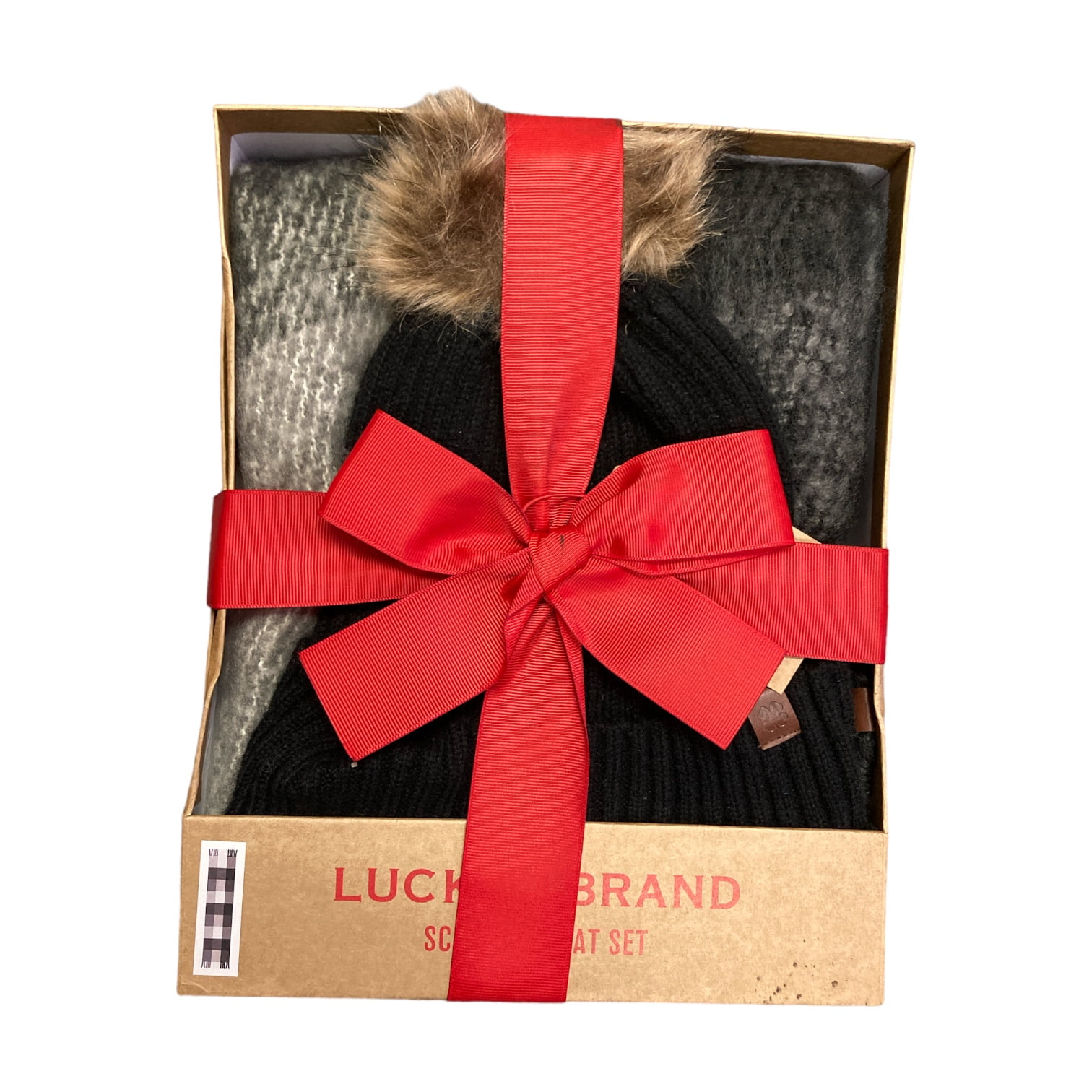 Lucky Brand Scarf and Hat Set Black Knit Pom Beanie Plaid Scarf Gift Box cc0fd02a-b603-478c-9d13-  main image 3
