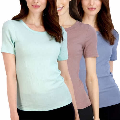 Lucky Brand Ladies' Ribbed Crew Neck T-Shirt 3-Pack, Green/Blue/Mauve  Medium 
