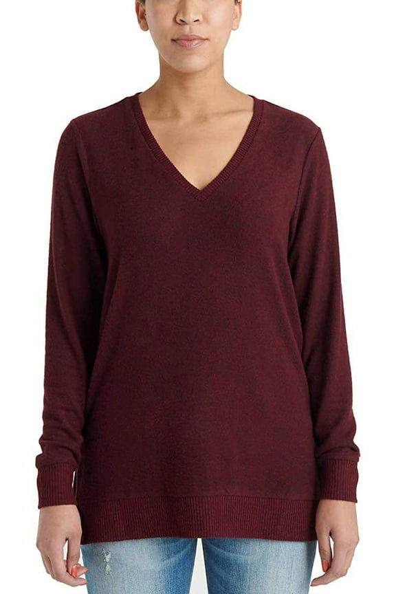 Ladies' V-Neck Tunic Long Sleeves Pullover, Wine, Large
