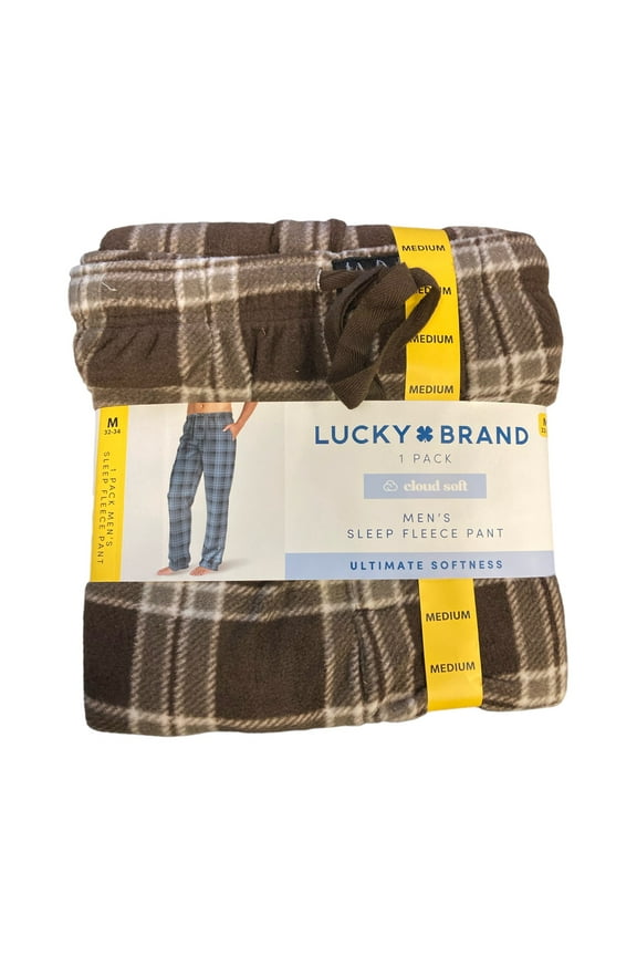 Men's Cloud Soft Fleece Drawstring Waist Sleep Pant (Brown Plaid, L)