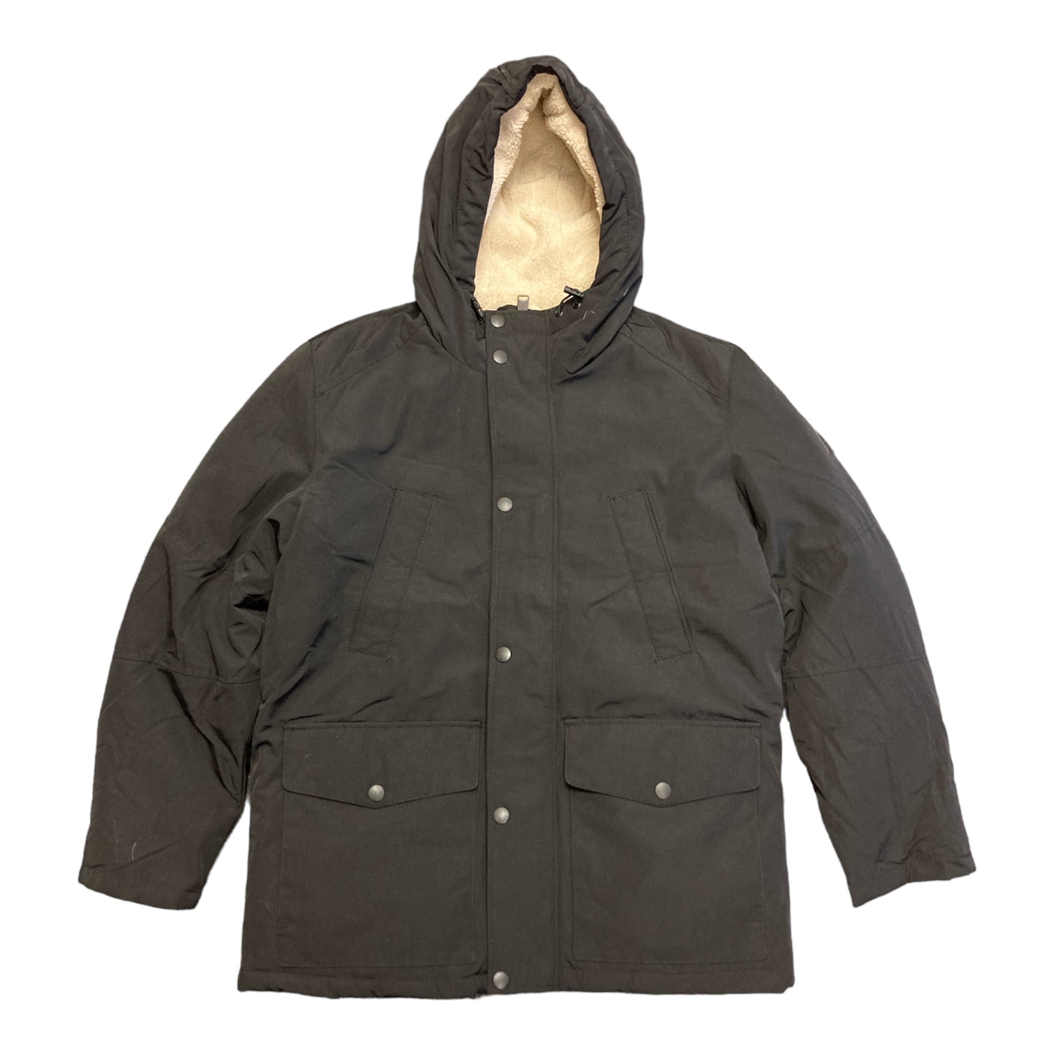 Lucky Brand Men's Faux Fur Lined Hooded Full Zip and Button Up Coat (Black, L)