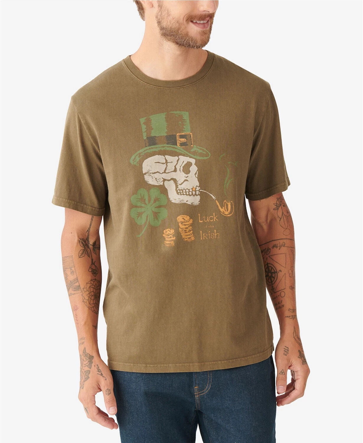 Lucky Brand Men s Leprechaun Skull Tee in Dark Olive Size Small