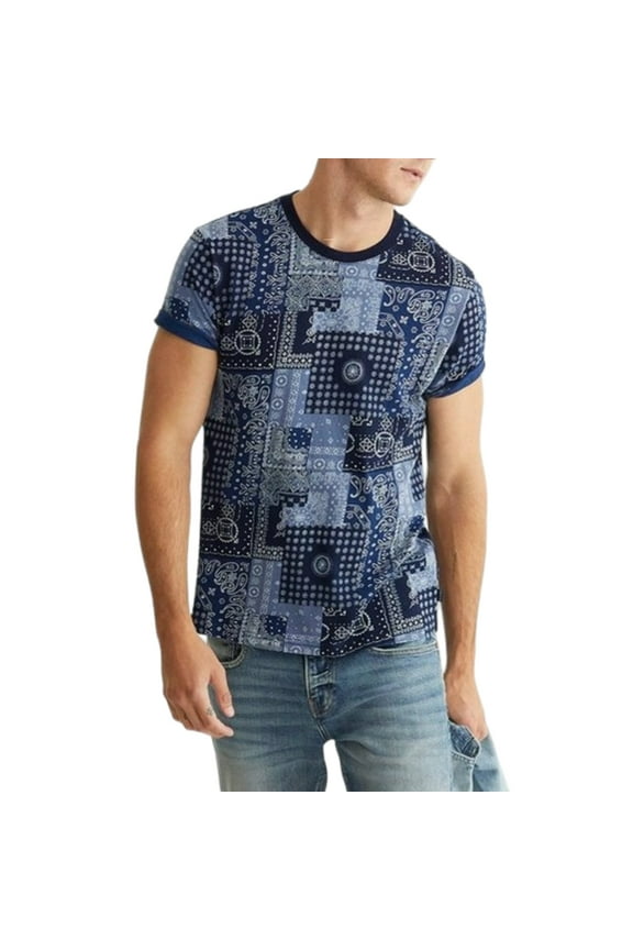 Men's Soft Cotton Tee Indigo Bandana Print T-Shirt-Blue / S