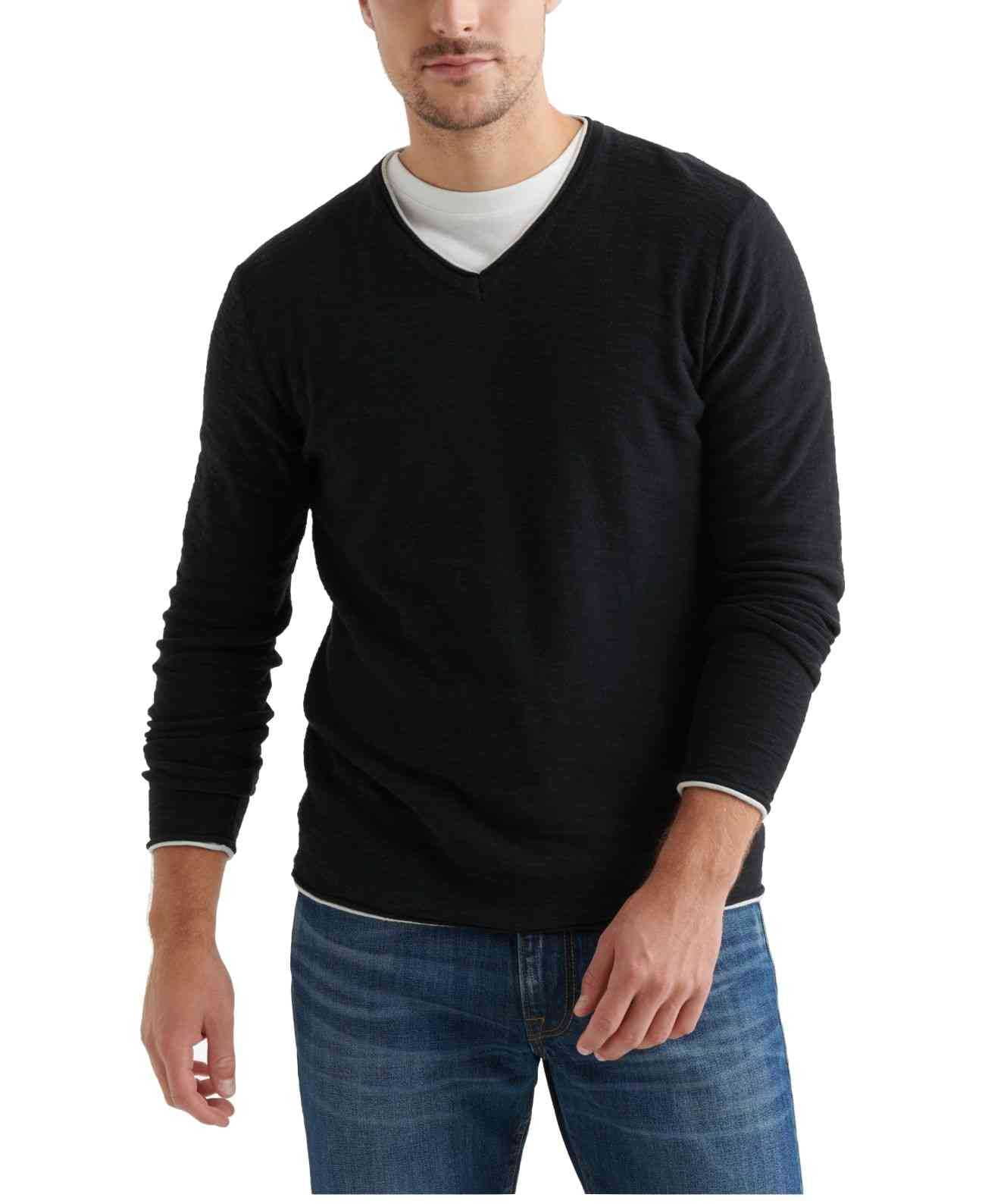 Lucky Brand Men's Textured V-Neck Sweater (Black, Small) 