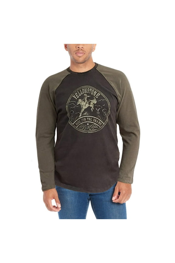 Men's Yellowstone Cowboy Graphic Print Raglan Long Sleeve Tee-Green / M