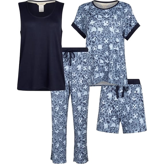 Lucky Brand Pajamas Set for Women 4-Piece Soft Sleepwear - Top, Tank, Shorts & Pants, Comfy Loungewear Pijama para Mujer (Small, Blue)