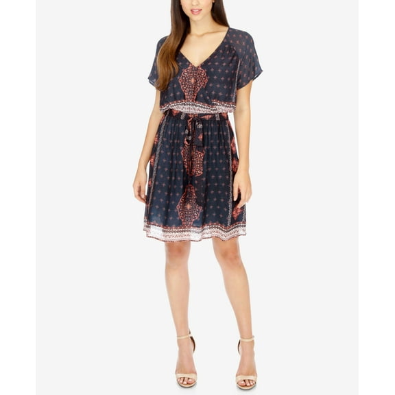 Lucky Brand Printed Surplice Tie Waist Dress Orange/Multi L