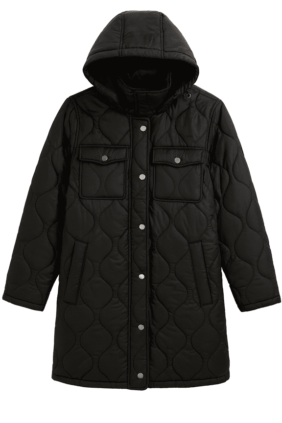 Quilted Black Hooded Jacket with Snap-Button Front  Medium