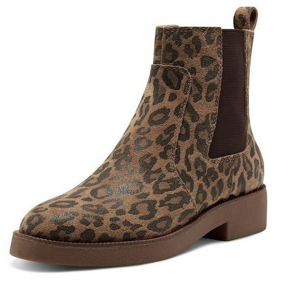 Lucky Brand Ressy Leopard Brown Leather Chelsea Style Block Low Heel Ankle Boots (Natural Brown, 7)