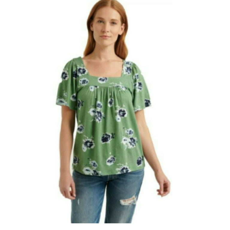 Lucky Brand Square Neck Shirt Green floral size L 
