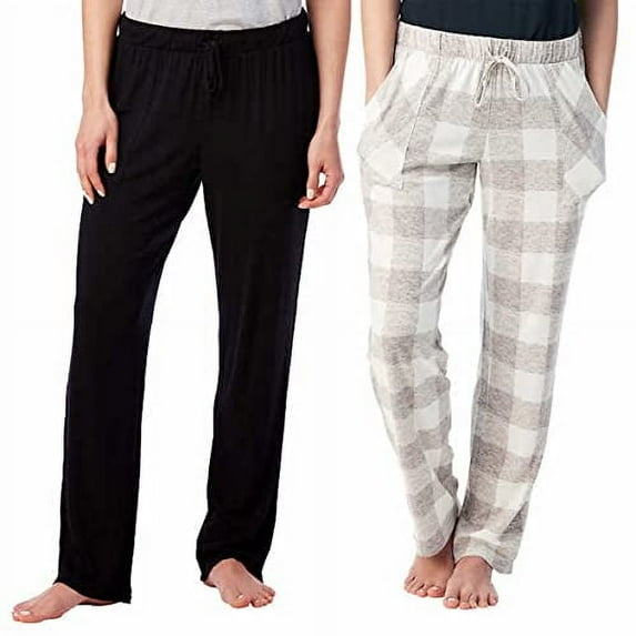 Lucky Brand Women's 2 Pack Straight Leg Lounge Pant with Drawstrings and Pockets Size: S, Color: Simple Buffalo Plaid Grey/Black