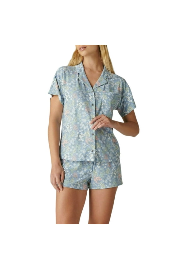 Women's 2-Piece Floral Print  PJ Classic Button Up Top and Shorts Lounge Set-Blue / XL