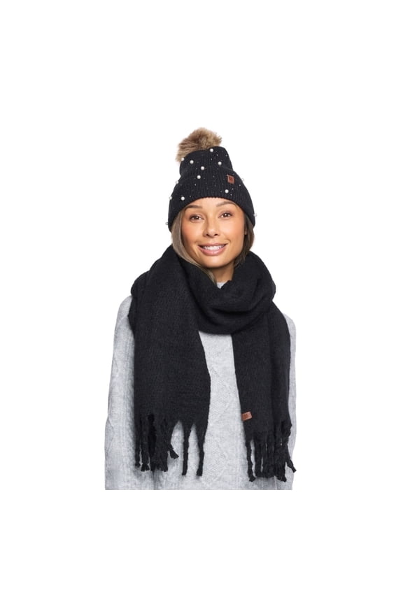 Women's 2 Piece Hat and Scarf Set Black and Pearl