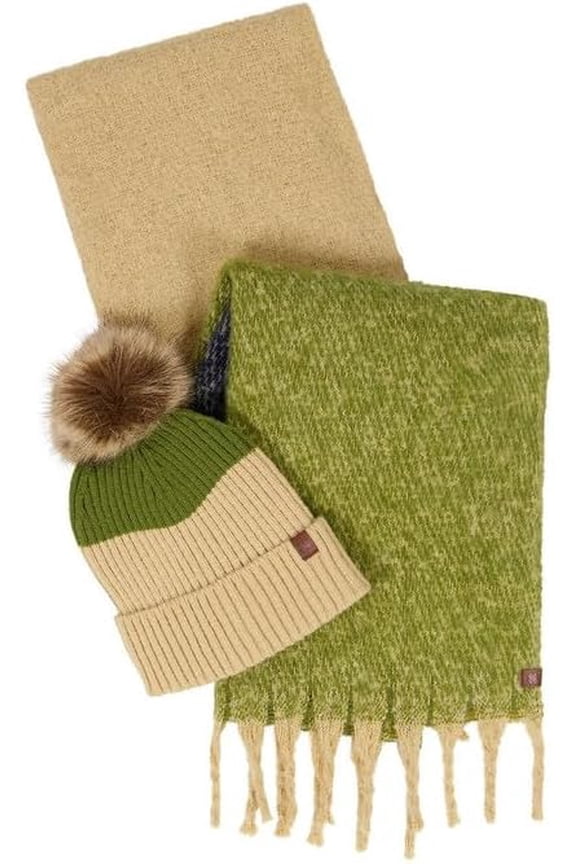 Women’s 2-Piece Pom Beanie Hat and Woven Blanket Scarf Set, Gift Boxed (Green)