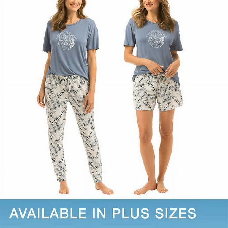 Lucky Brand Women's 3 Piece Pajama Set, Tee, Short, and Pant (Blue Tie Dye,  Medium)