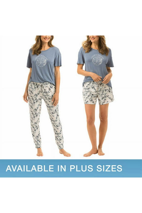 Women's 3 Piece Pajama Set, Tee, Short, and Pant (Blue Tie Dye, Medium)