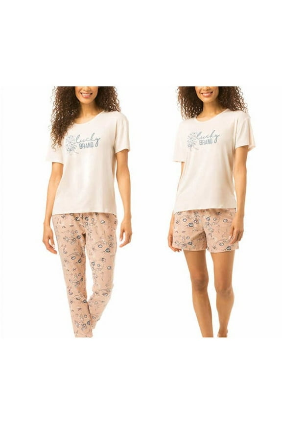 Women's 3 Piece Pajama Set, Tee, Short and Pant Size: M, Color: Pink Floral