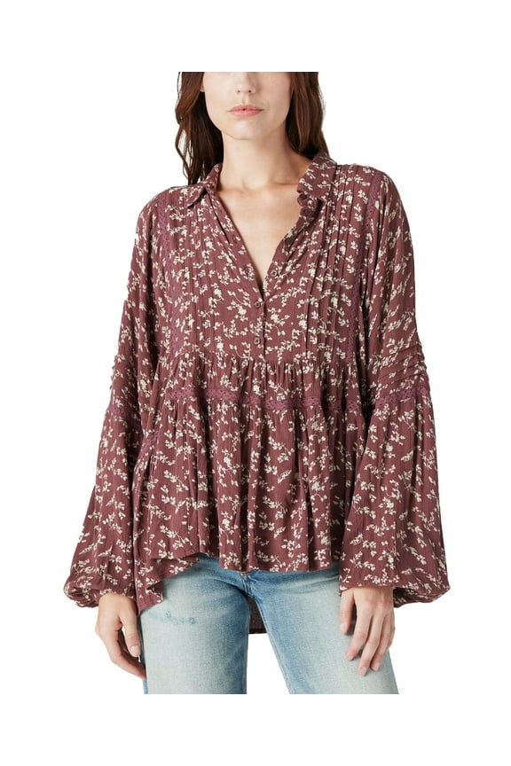 Women's Brown Floral Print Pleated Top