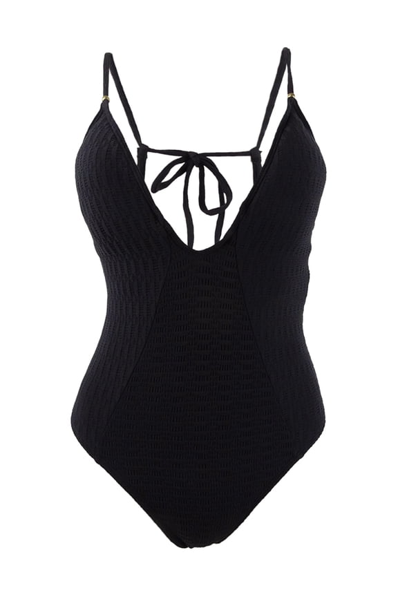 Women's Chic Plunging Strappy-Back One-Piece Swimsuit (XS, Black)