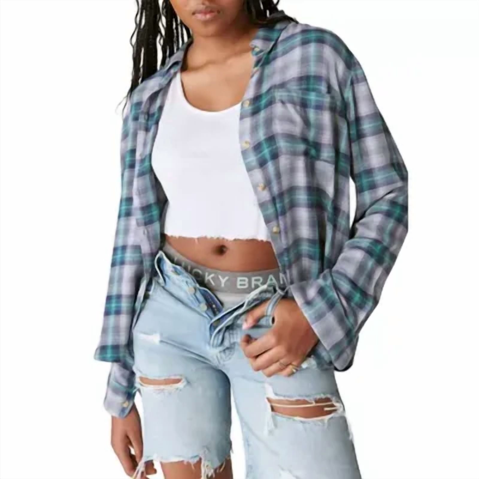 BKE Plaid Boyfriend Flannel Shirt - Women's Shirts & Blouses in Hunter