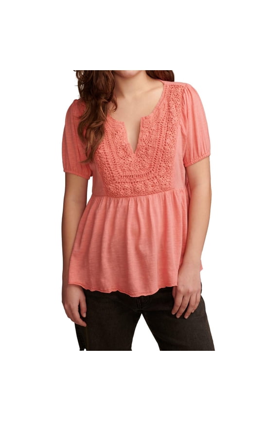 Womens Crochet Accented Top Baby Doll Blouse, Pink, Large