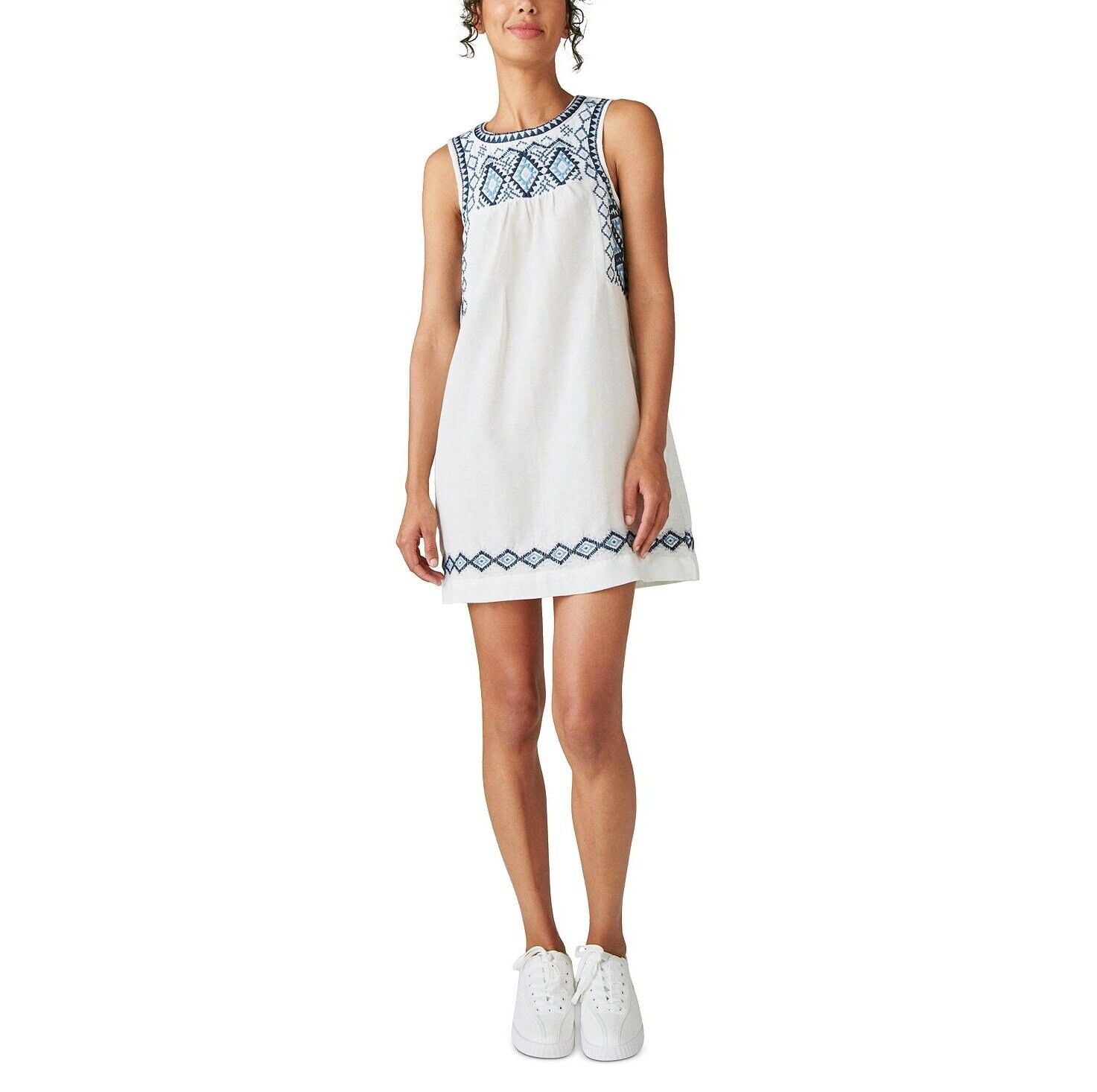 Lucky Brand Women's Embroidered Sleeveless Mini Dress (XS, White/Blue)