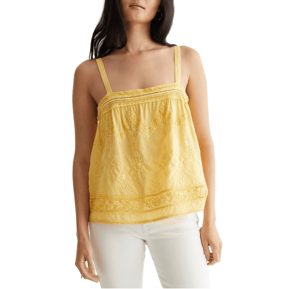 Lucky Brand Women's Embroidery Lace Trim Cotton Camisole Top-Yellow / XL