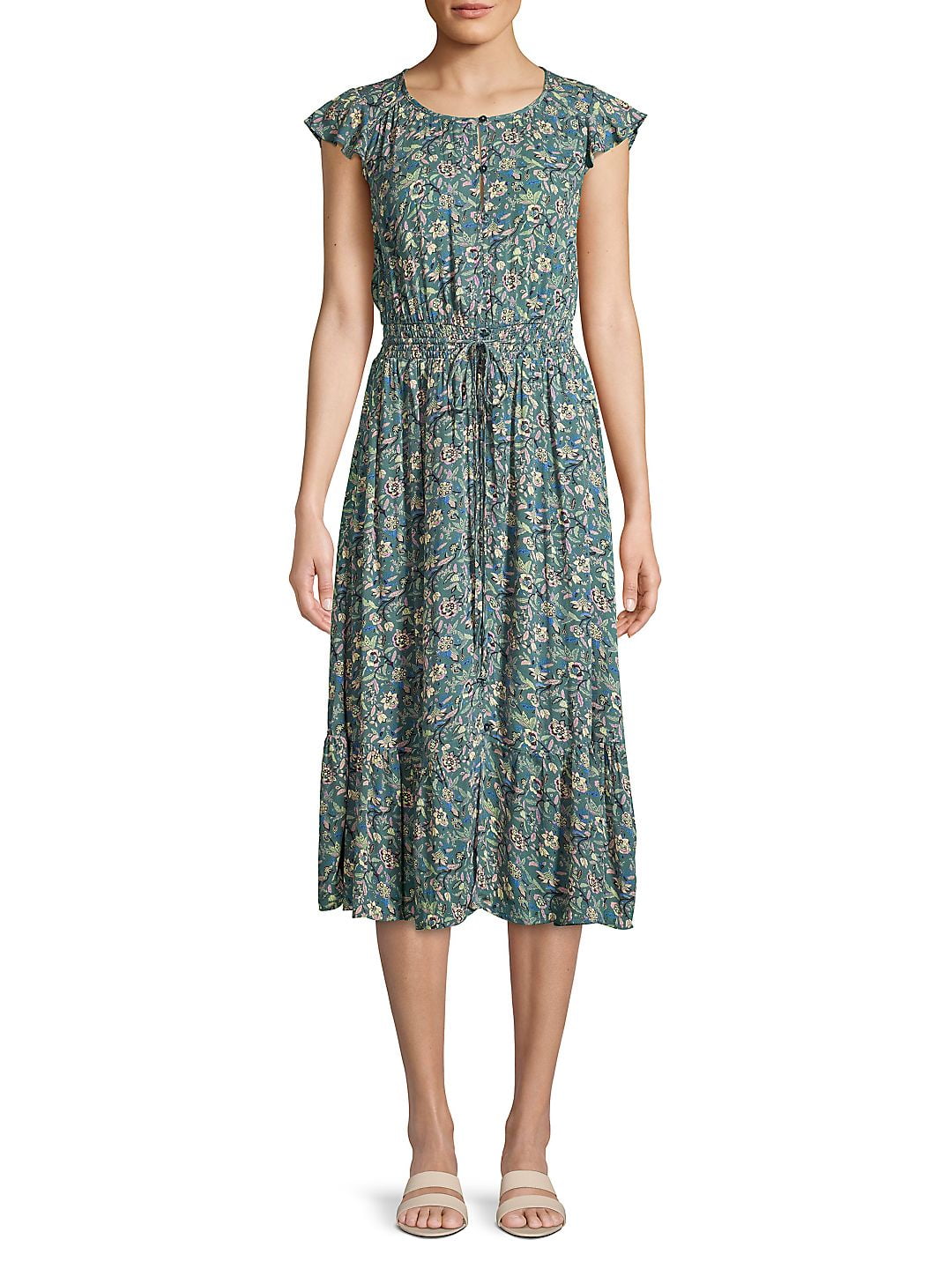 LUCKY BRAND Womens Green Floral Cap Sleeve Scoop Neck Midi Peasant Dress  S\P - Walmart.com