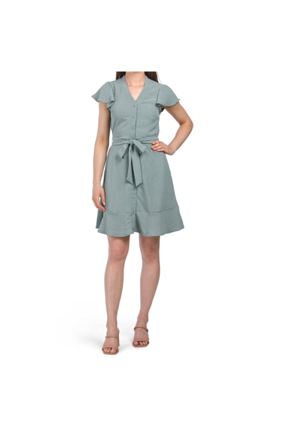 Women's Flutter Sleeve V-neck Button Front Mini Shirt Dress-Green / L