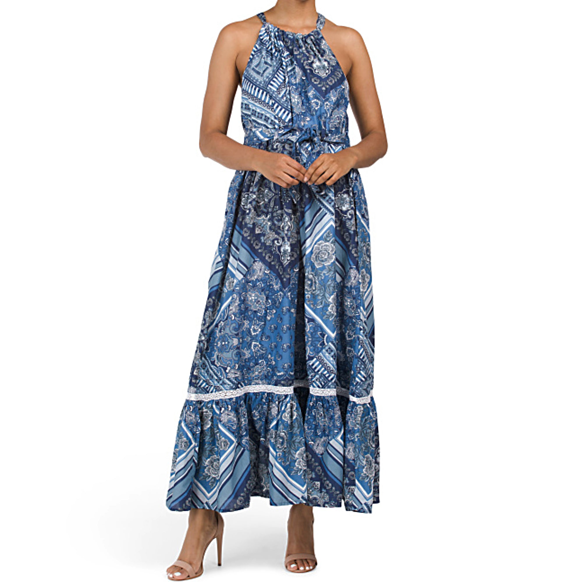 chinese dress ladies Lucky Brand Floral Tie Waist V Neck Maxi Dress Natural Multi XL at Amazon  Women's Clothing store main image 0