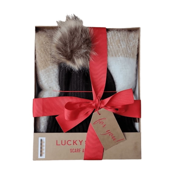 Lucky Brand Women’s 2-Piece Pom Beanie Hat and Woven Blanket Scarf Set, Gift Boxed (Chocolate)