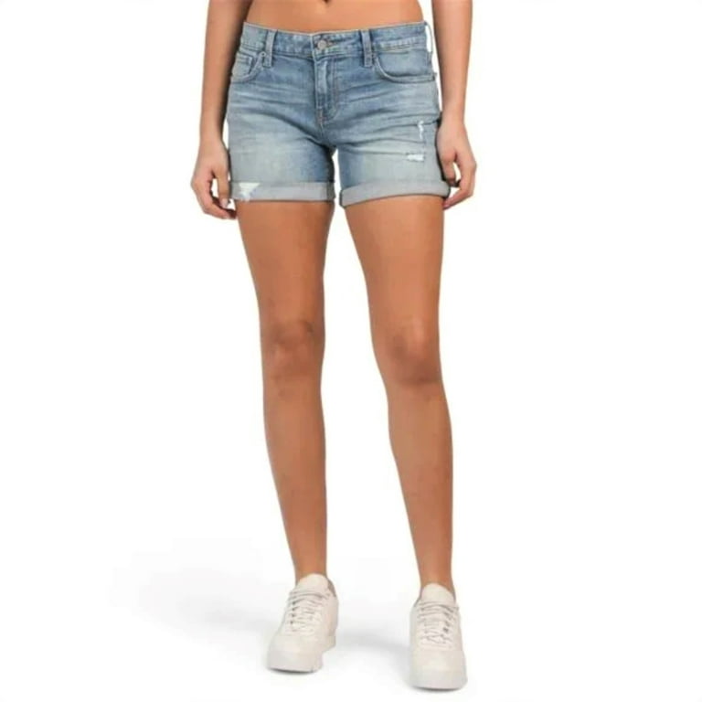 Lucky Brand Women's High Rise The Roll Up Distressed Denim Shorts-Blue / 30