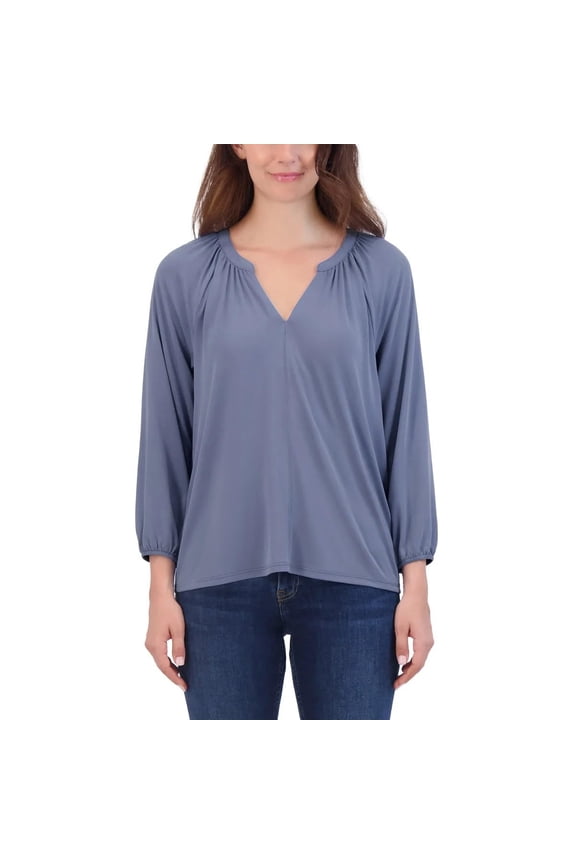 Women's Notch V-Neck Sandwash Top (US, Alpha, Large, Regular, Regular, Blue)