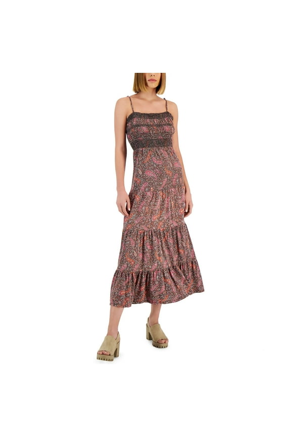 Women's Paisley Print Embroidered Cotton Cut-out Tie Back Tired Maxi Dress (Black, M)