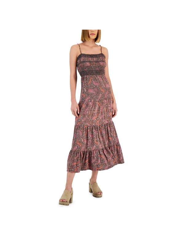 Women's Paisley Print Embroidered Cotton Cut-out Tie Back Tired Maxi Dress (Black, XL)
