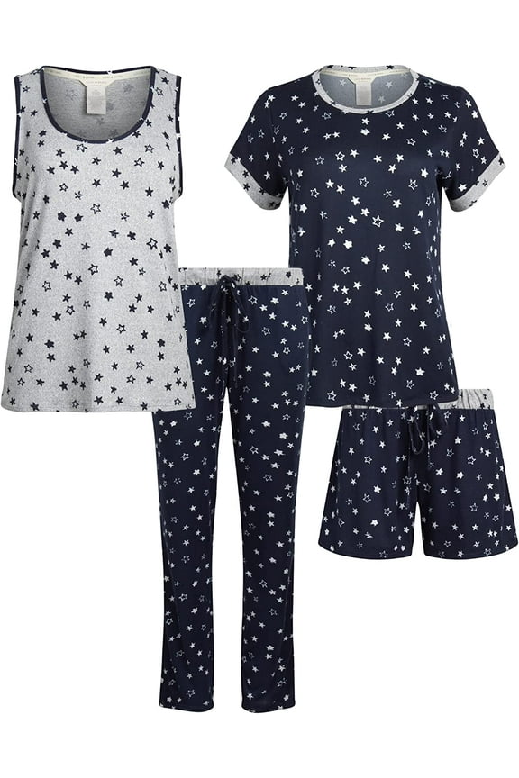 Women's Pajama Set 4 Piece Sleep Shirt, Tank Top, Pajama Pants, Lounge Shorts (Navy,M)