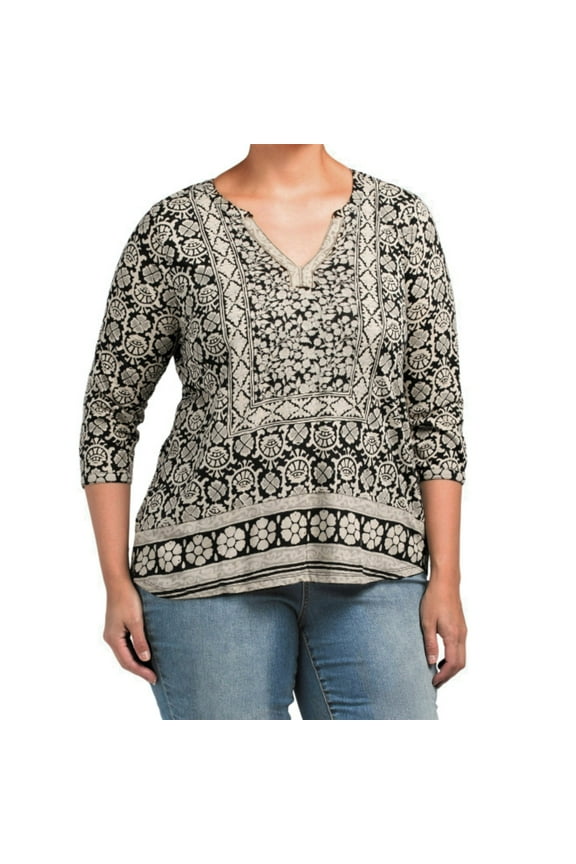 Women's Plus Bohemian Block Textured Floral Print Tunic Top-Black / 1X
