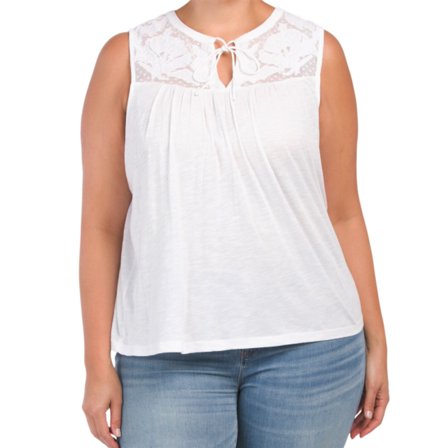 Lucky Brand Women's Plus Front Yoke Embroidery Lightweight Cotton Sleeveless Blouse Top