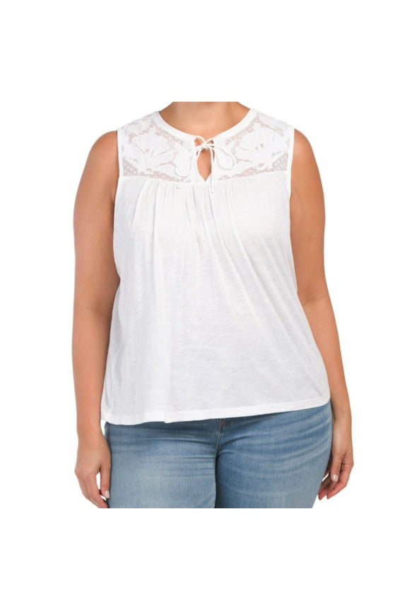 Women's Plus Front Yoke Embroidery Lightweight Cotton Sleeveless Blouse Top