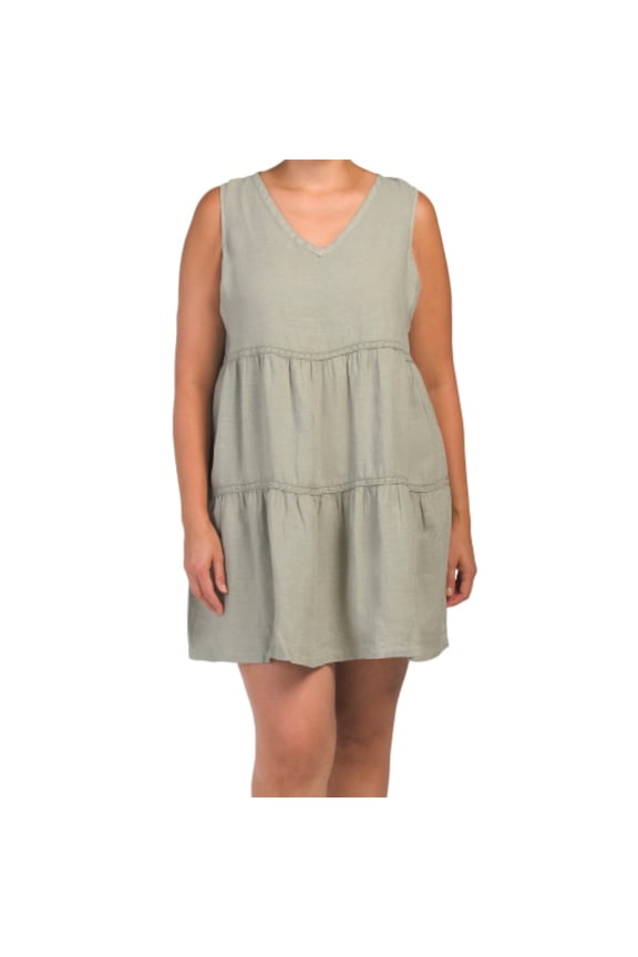 Women's Plus Linen Sleeveless V-neck Tiered Crochet Detail Mini Dress-Green / 2X