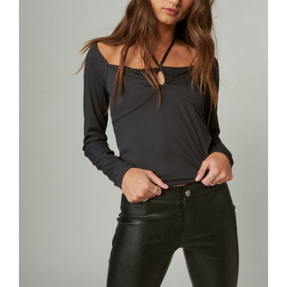 Lucky Brand Women's Ribbed Keyhole-Cutout Long-Sleeve Top Dark Gray Size L $60