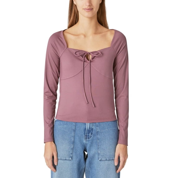 Lucky Brand Women's Ribbed Keyhole-Cutout Long-Sleeve Top Dull Pink Size M $60