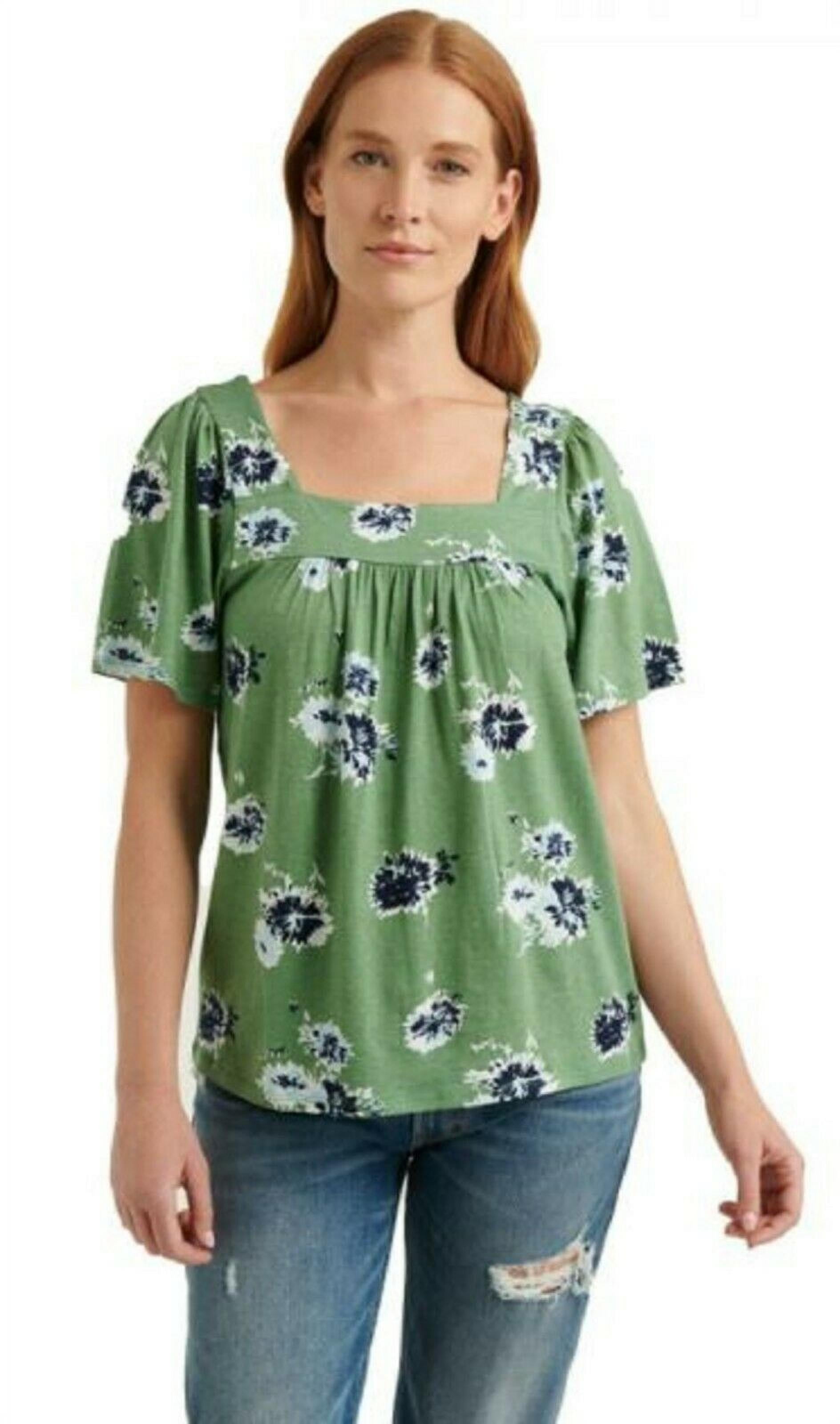 Lucky Brand Women's Square Neck Short Sleeve Shirt, Green Floral Medium 