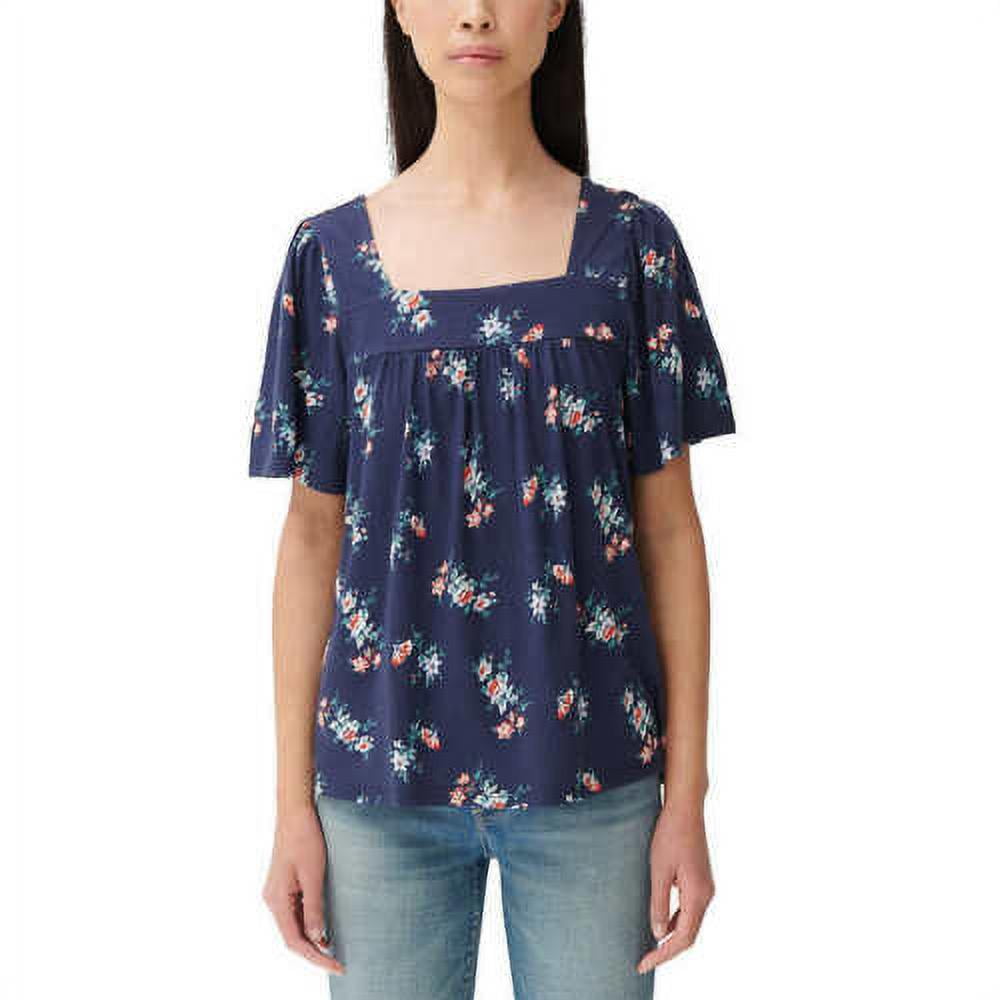 Lucky Brand Women's Square Neck Short Sleeve Shirt, Navy Floral Small 